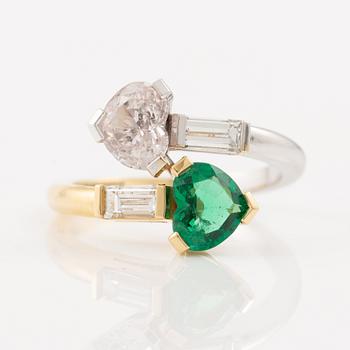 Ring, 18K gold with heart-shaped diamond and emerald.