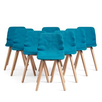 96. o4i Design Studio, (Jon Lindström & Henrik Kjellberg) a set of eight chairs, "Dent Wood", Blå Station, post 2014.