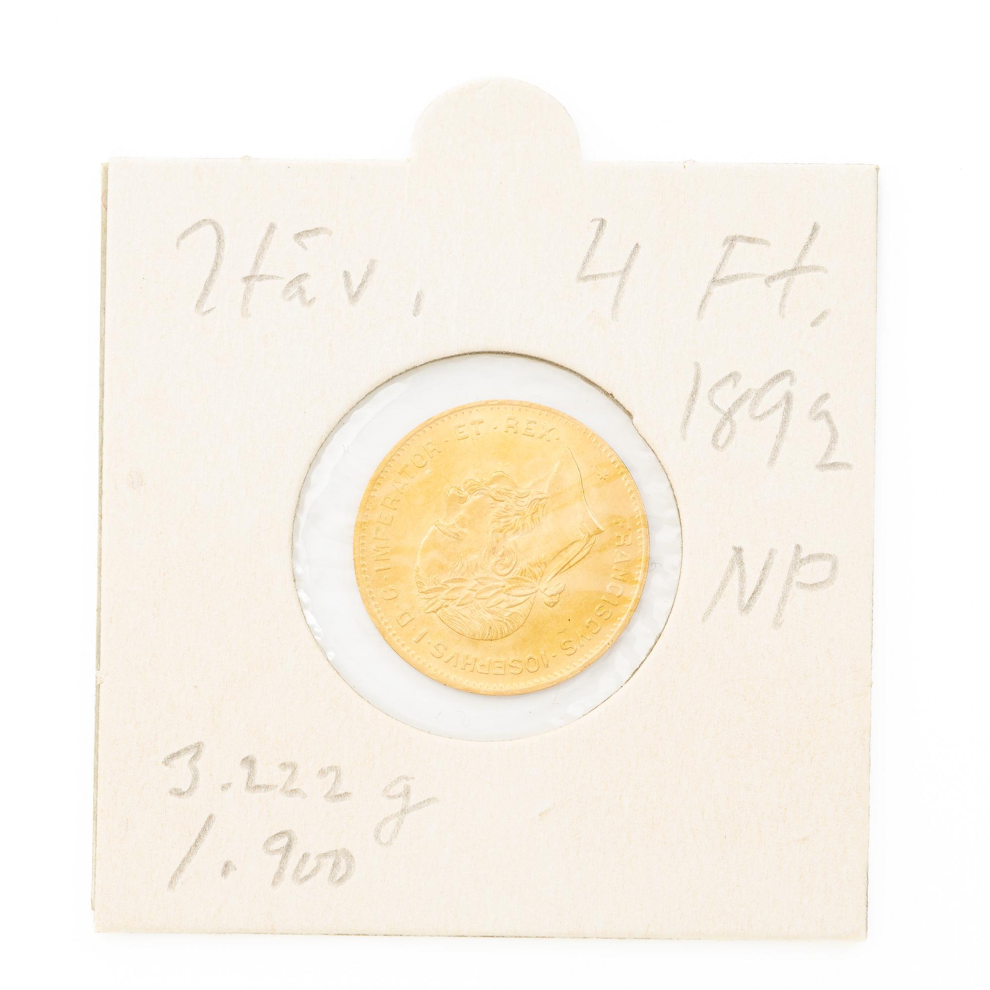 Guldmynt, Österrike, 4 Floriner 10 Franc, 1892.