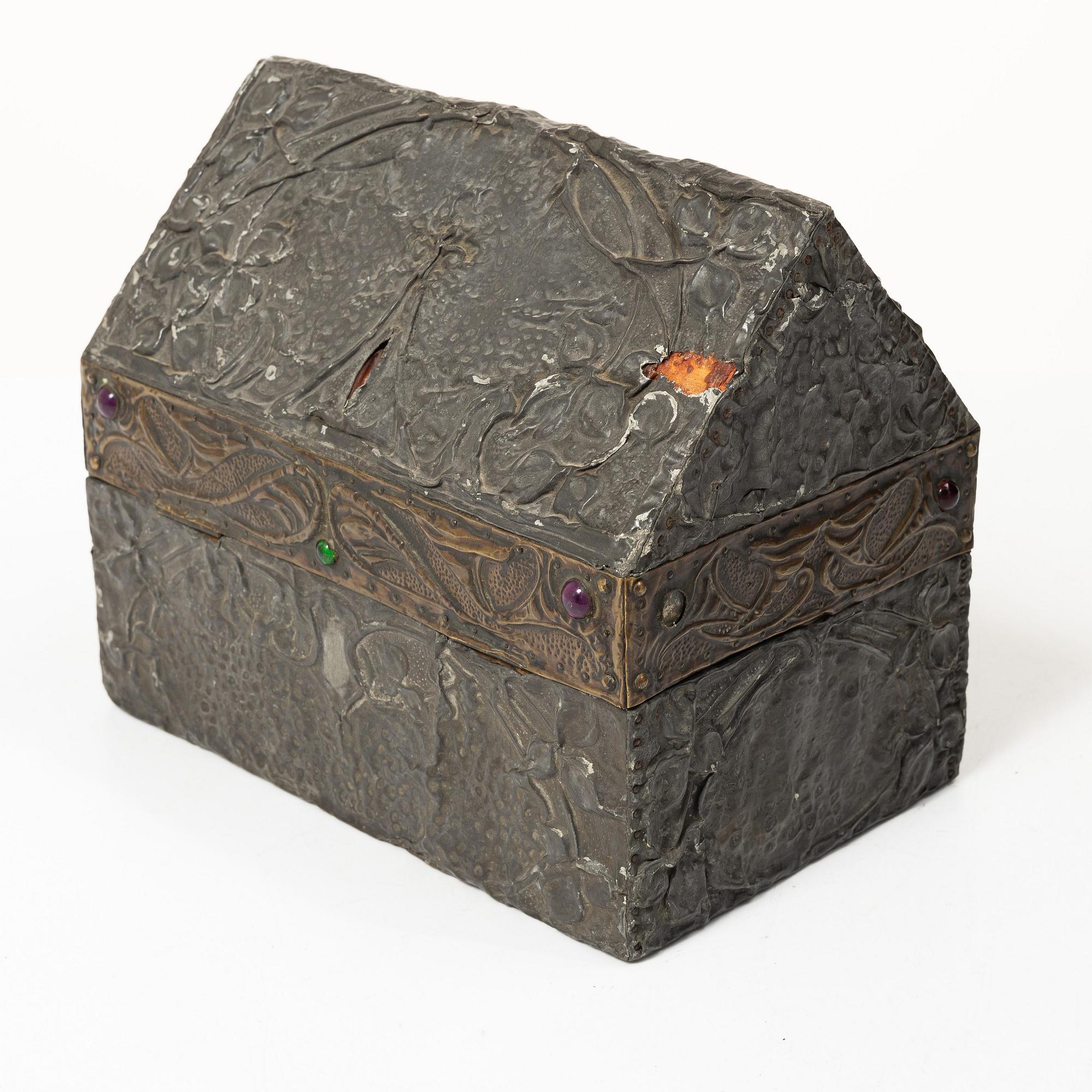 A pewter and copper jewellery box,  with inlaid stones, France, probably circa 1900.
