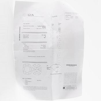 Platinum ring with a cushion-shaped brilliant-cut diamond 1.81 ct G (TW) vs 1 according to certificate.