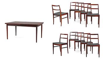 555. DANSK FORMGIVARE, matbord samt stolar, 10 st, 1960-tal.