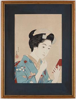 GOTO HASHIGUCHI (1880-1921), color woodblock print. Japan, 1920, 'Beauty applying makeup'.