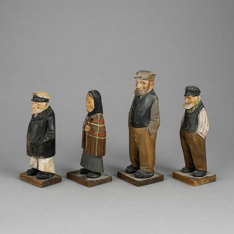 LORENS LARSSON & C O TRYGG, träskulpturer, 4 st, signerade.