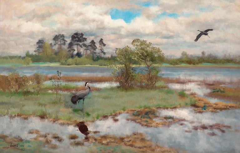 Bruno Liljefors, Landskap med tranor vid vatten.