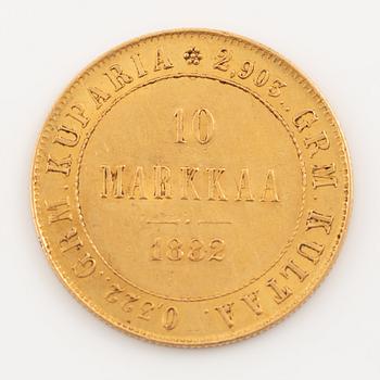 A goldcoin, Finland, Russian Duchy, 10 Markkaa, 1882.