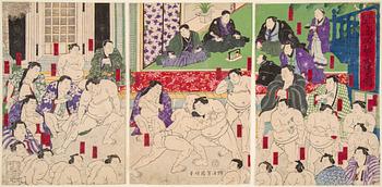 UTAGAWA KUNIAKI (1835-88), triptyk, färgträsnitt. Japan, 1876. "Takasago Beya".