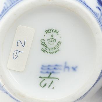 Three 'Blue Fluted Plain' / 'Musselmalet' porcelain jugs, Royal Copenhagen, 20th century.