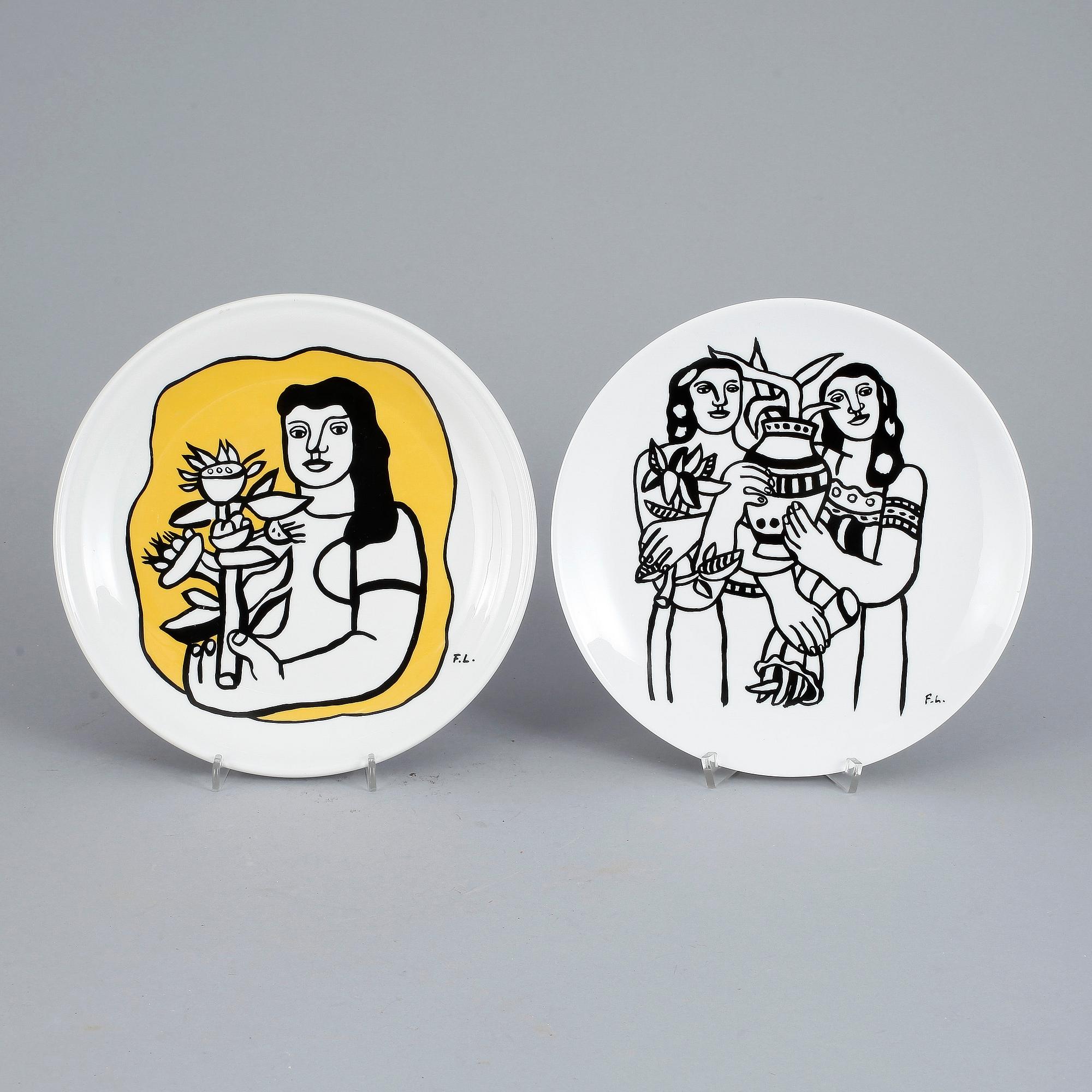 TALLRIKAR, 2 st, porslin, efter, Fernand Léger, Biot.