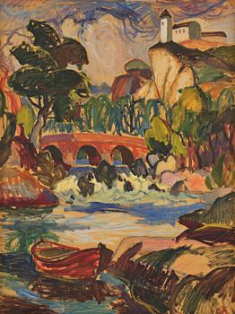83. Erling Ärlingsson, Southern landscape with a bridge and church on a cliff.