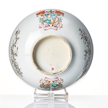 A famille rose and grisaille armorial punch bowl, Qing dynasty, 18th century.