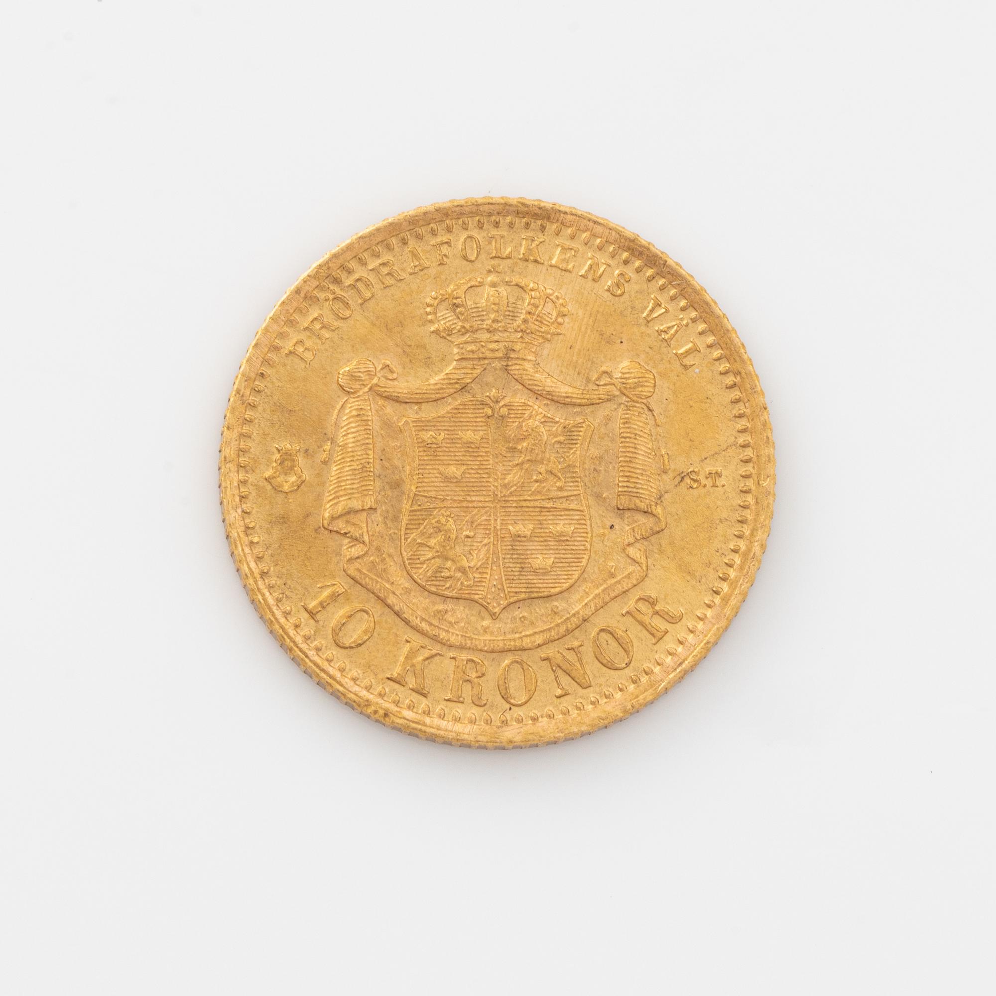 Oscar II, guldmynt, 10 kronor, 1876.