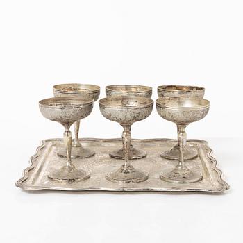 Cocktailglas, 6 st, samt bricka, silver, Iran, 1900-tal.