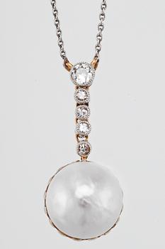 A DIAMOND AND PEARL PENDANT.