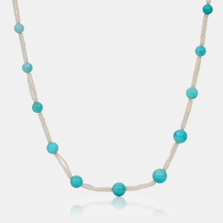 A seed pearl and turquoise bead necklace.