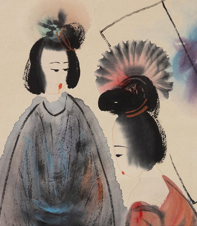 Peng Xiacheng, hans art, Figurscen med eleganta damer och ryttare, daterad 1996.