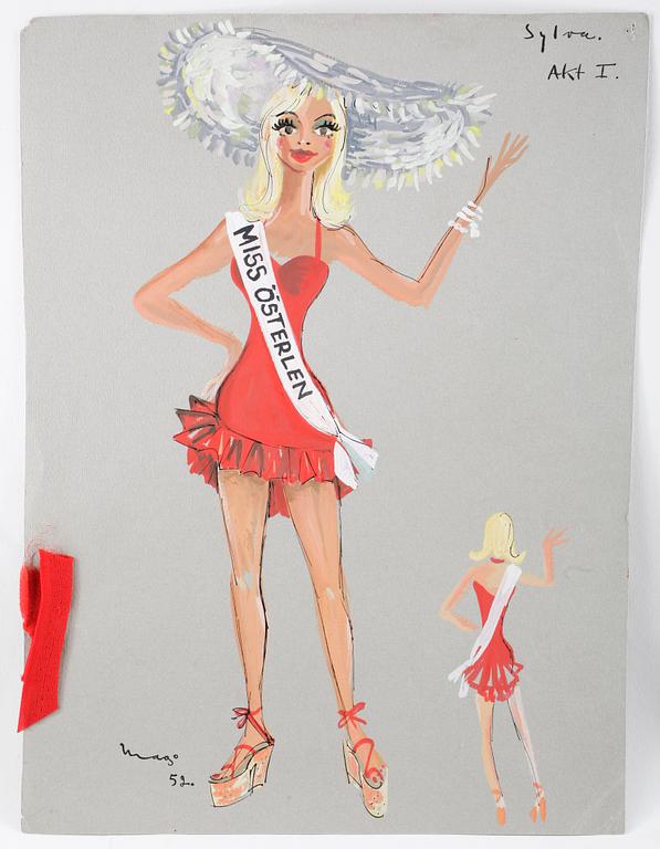 MAX GOLDSTEIN (MAGO), ca 84 st, kostymskisser och akvarellteckningar för Bl a från Södran, Revy; " En lycklig resa",1952.