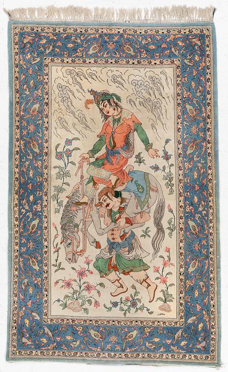 An Isfahan, figural rug, signed, c. 172 x 109 cm.