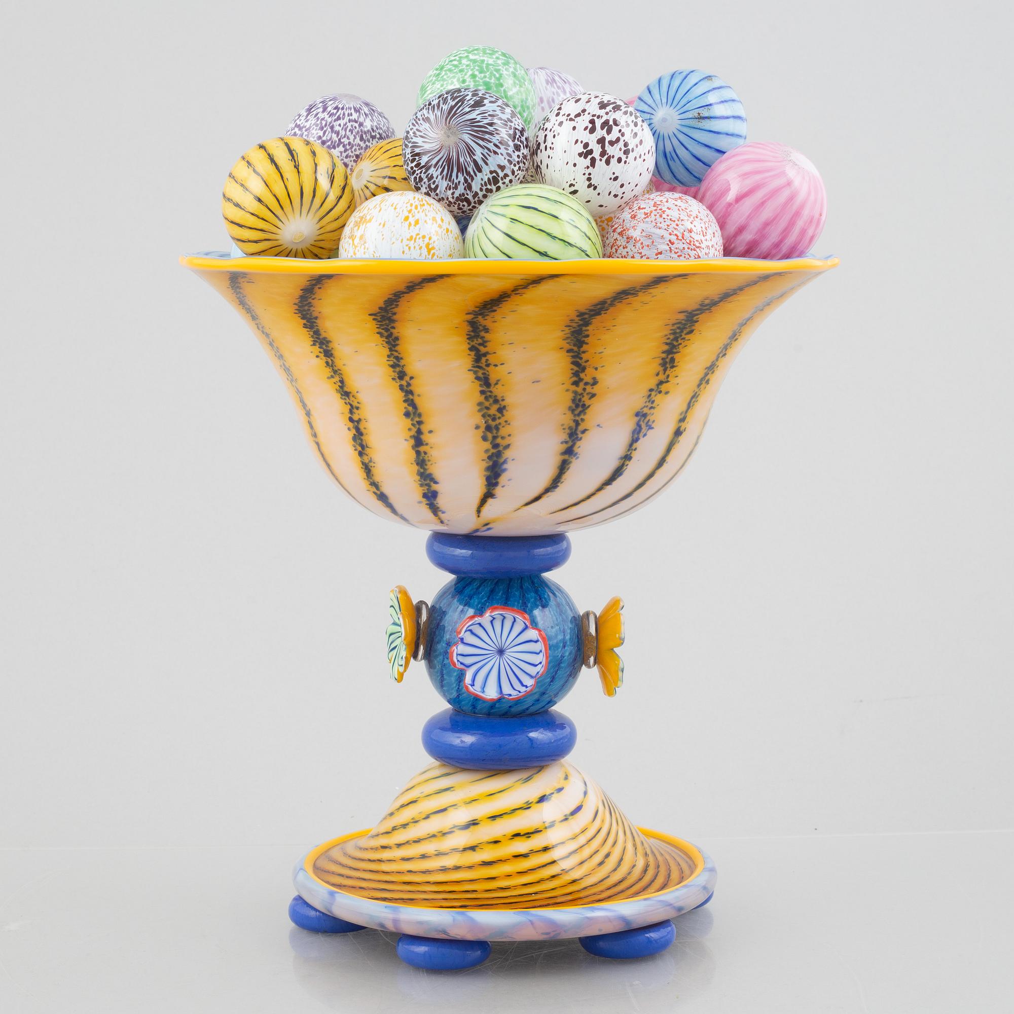 Jonas Rooth, a glass sculpture in the shape of a bowl with glass balls, executed in his studio, Kivik.