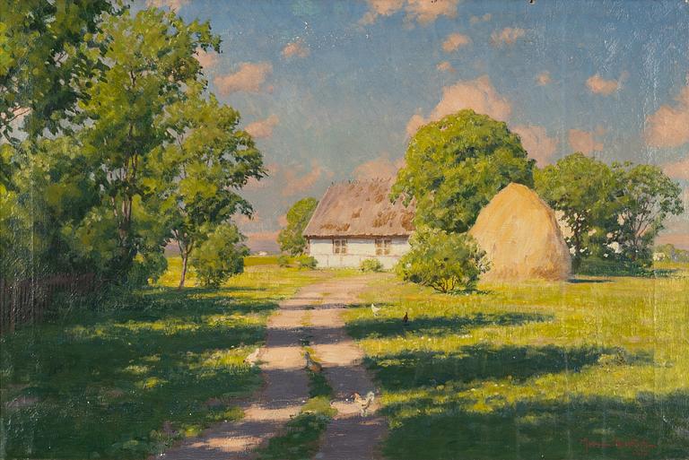 Johan Krouthén, Summer landscape with chickens and cottage.