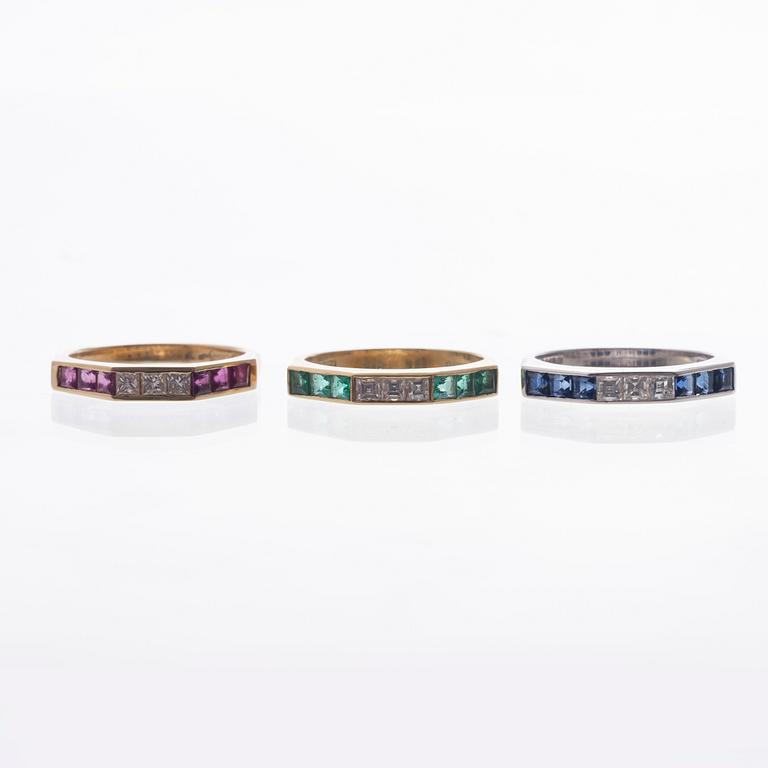RINGAR, 3 st, 18K vitt- och gult guld, diamanter, rubiner, safirer, smaragder. Vikt totalt ca 10,2 g.