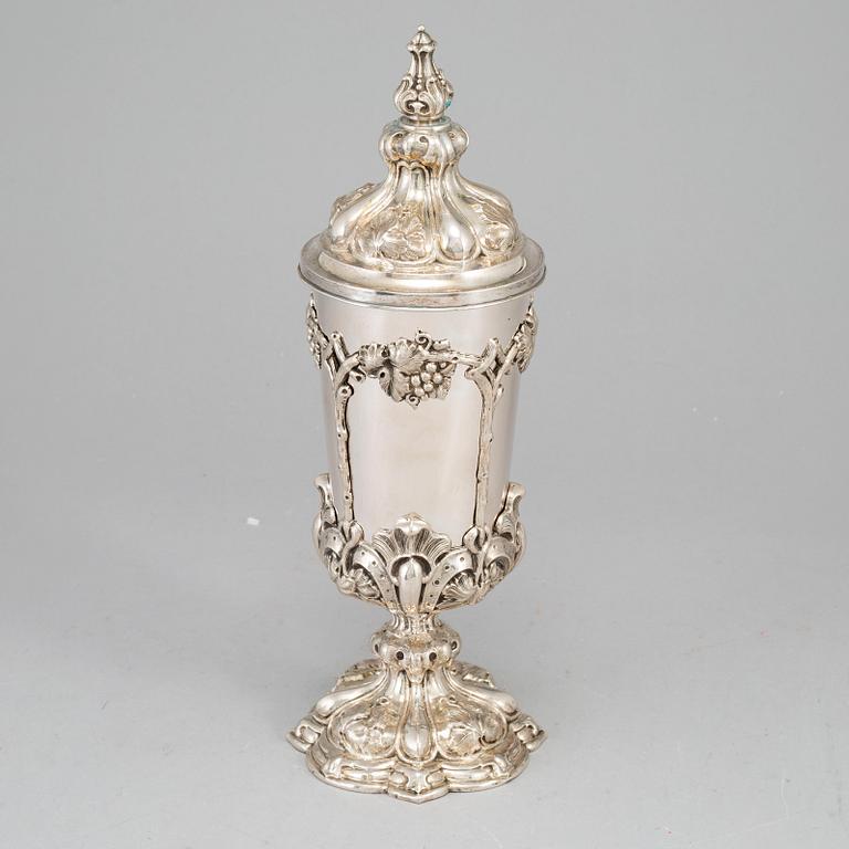 A German mid 19th century parcel-gilt silver cup and cover, marked Fürth.