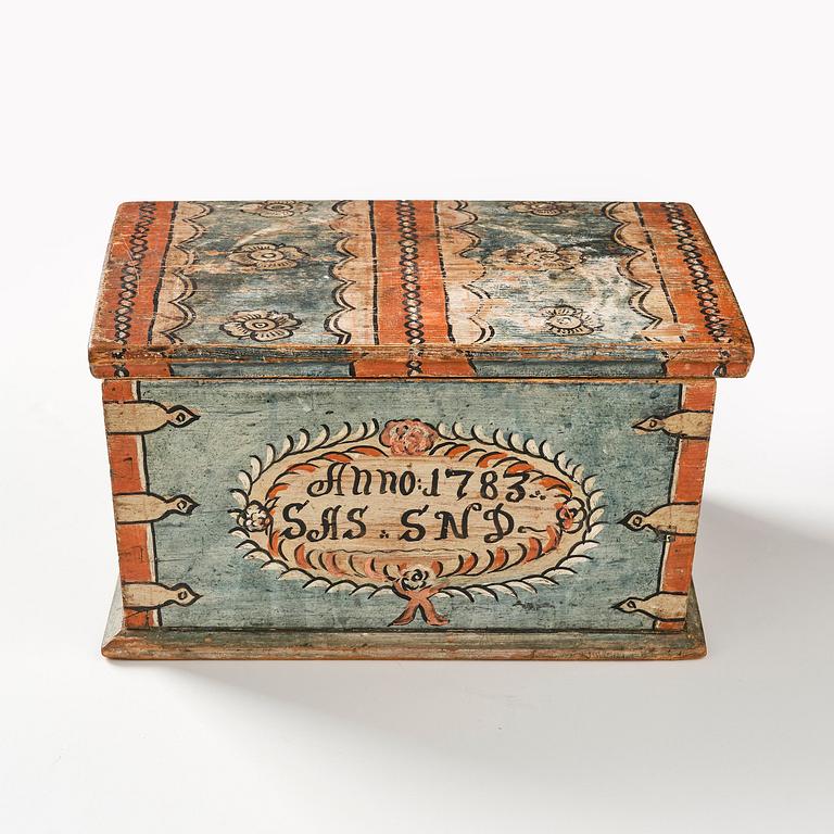 A Swedish painted bride's chest from Halland / Småland, dated 1783.