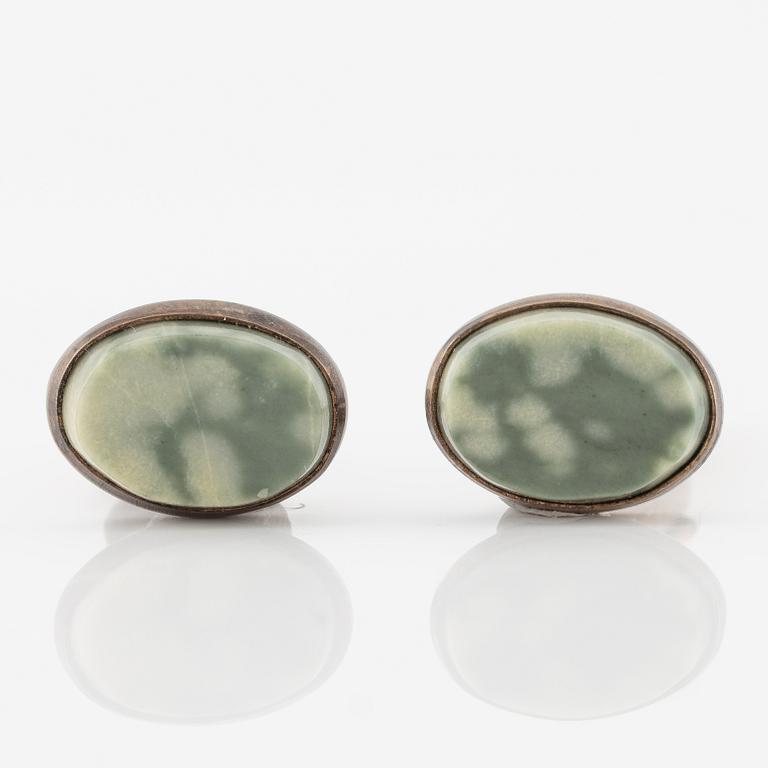 Cufflinks, a pair, silver with serpentine, Russia, Soviet.