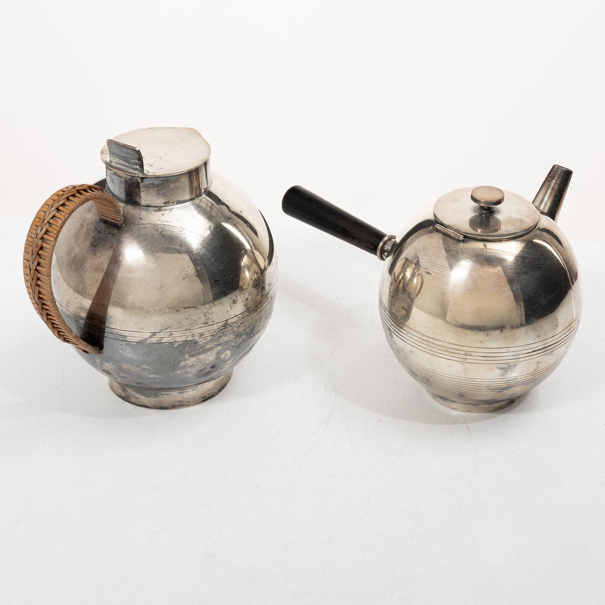 Sylvia Stave, a silver-plate tea pot and silver-plate jug, C.G.Hallberg, Sweden, first half of the 20th century.