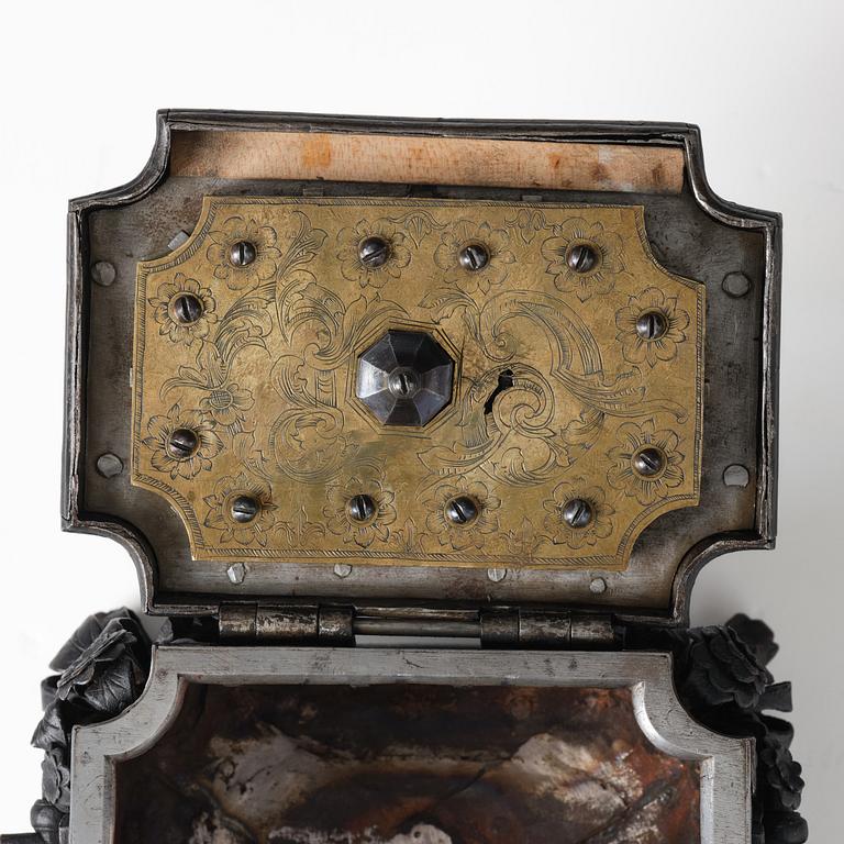 A South-German, presumably Nuremberg, Baroque iron and steel strongbox, later part of the 17th century.