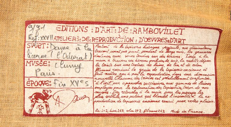 Tapet ""La Dame à la licorne". Efter original i Musée de Cluny, Paris, Edition d'art de Rambouillet ca 222x199 cm.