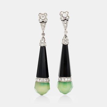 653. A pair of Art Deco onyx, chalcedony and diamond earrings. Circa 1930's.