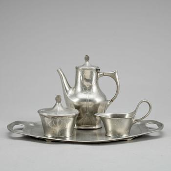 KAFFESERVIS, 4 delar, tenn, jugend, Kayserzinn, Tyskland, tidigt 1900-tal.