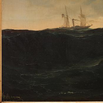 Marcus Larsson, ”Sjöstycke”. Marin med segelfartyg, ångbåt och figurer i roddbåt.