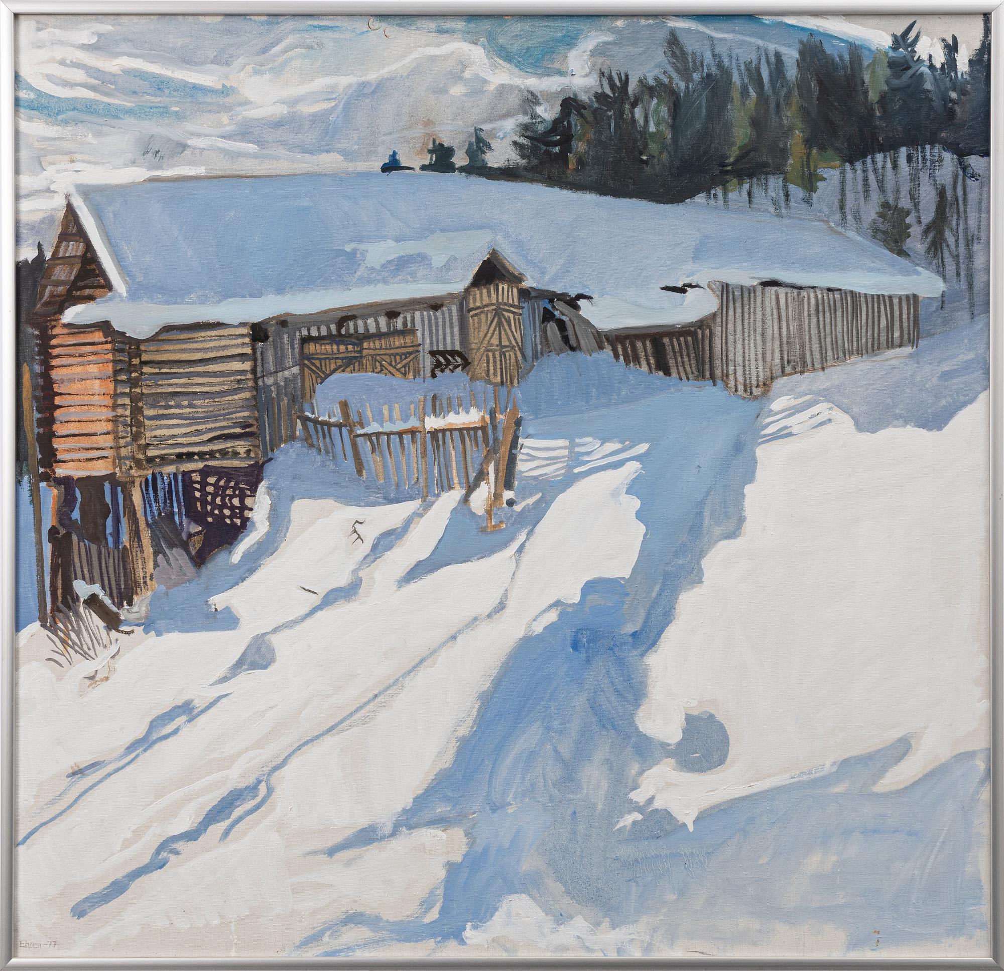 Svenolov Ehrén, Winter scene with a timber shed.