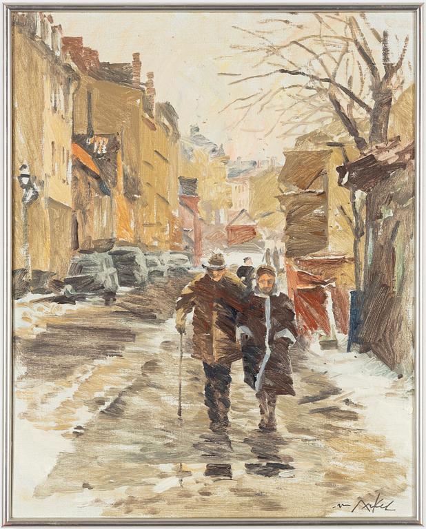 Adrian van Arkel, "Snösmälltning på Fjällgatan"/"Vinterpromenad på Söder".