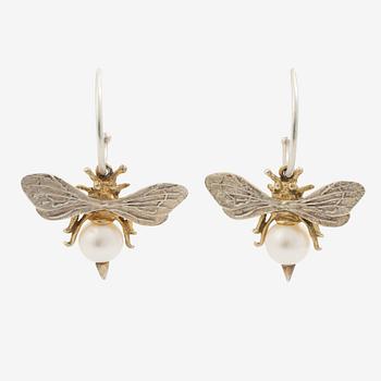 Maria Nilsdotter, a single earring, "rain earring" and a pair, silver with pearls and quartz.