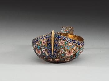 A Russian silver-gilt and enamel kovsh, makers mark possibly Gustav Klingert, Moscow 1899-1908.