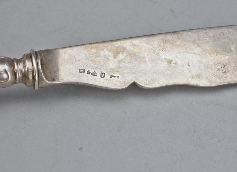 BESTICK, 6 st, silver, "Spetsig svensk", mest GAB, 1800-1900-tal. Totalvikt ca 300 gram.