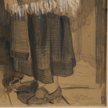 Anders Zorn, "Orsakulla vid dörr med korg på armen".