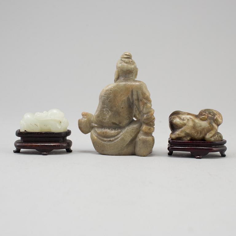 Three chinese 20th century nephrite and stone sculptures.