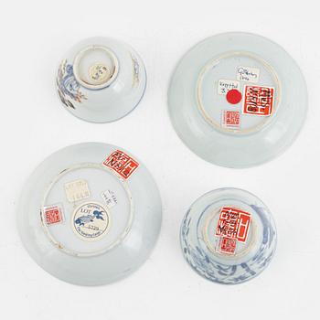 Two Chinese export porcelain cups with saucers, two cups, and a figurine, Qing Dynasty, 18th century.