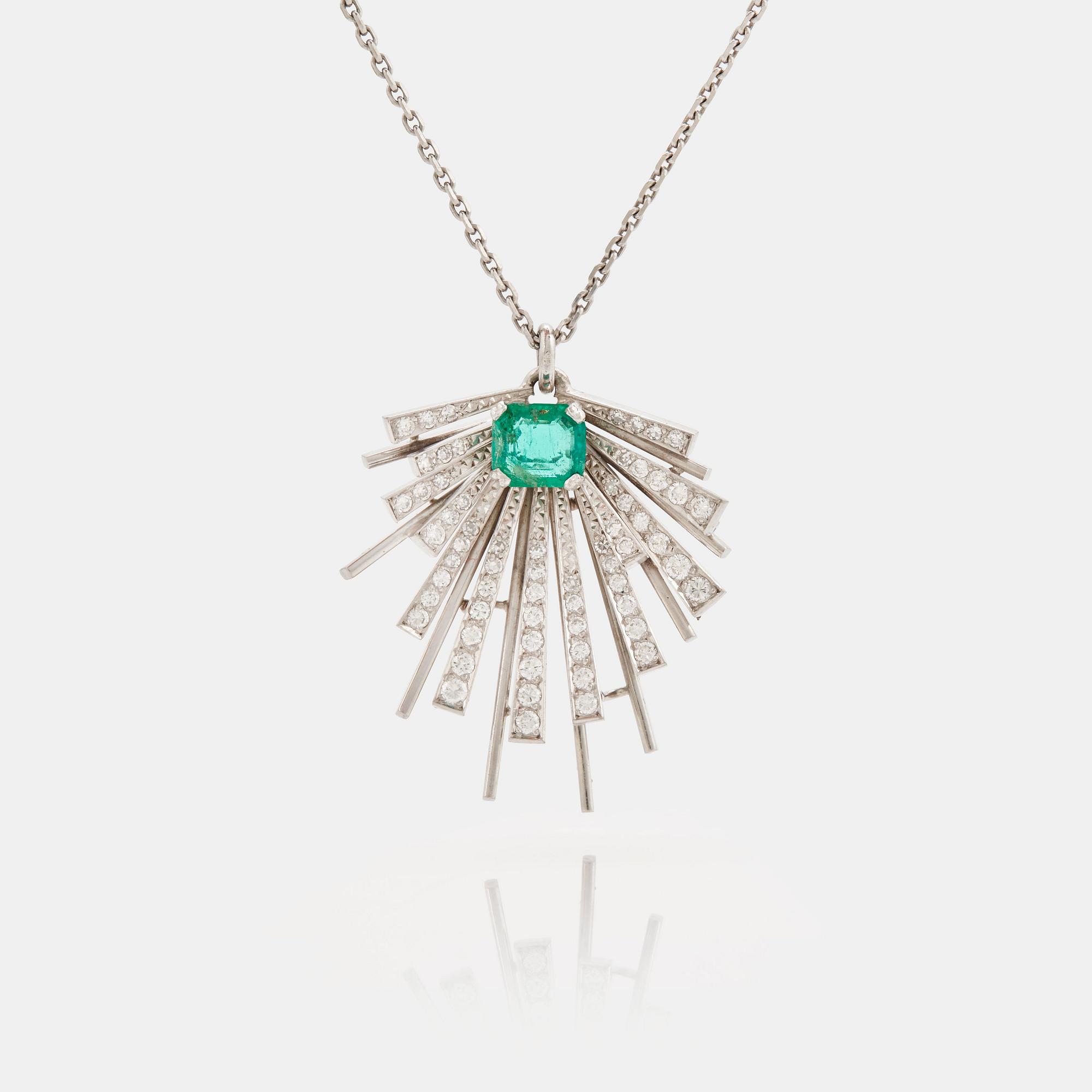 A emerald cut emerald, brilliant- and single cut diamond pendant.