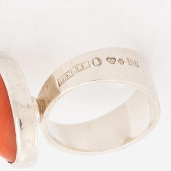 Hansen, two silver rings, coral and tiger's eye.