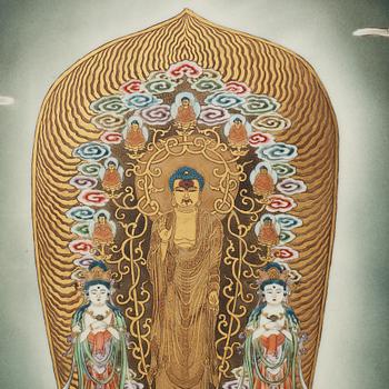 A Japanese porcelain placque depicting a buddha, 20th Century.