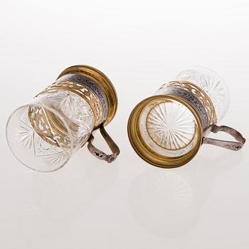 Six Russian tea glass holders, silver, metal and enamel, latter half of the 20th century.