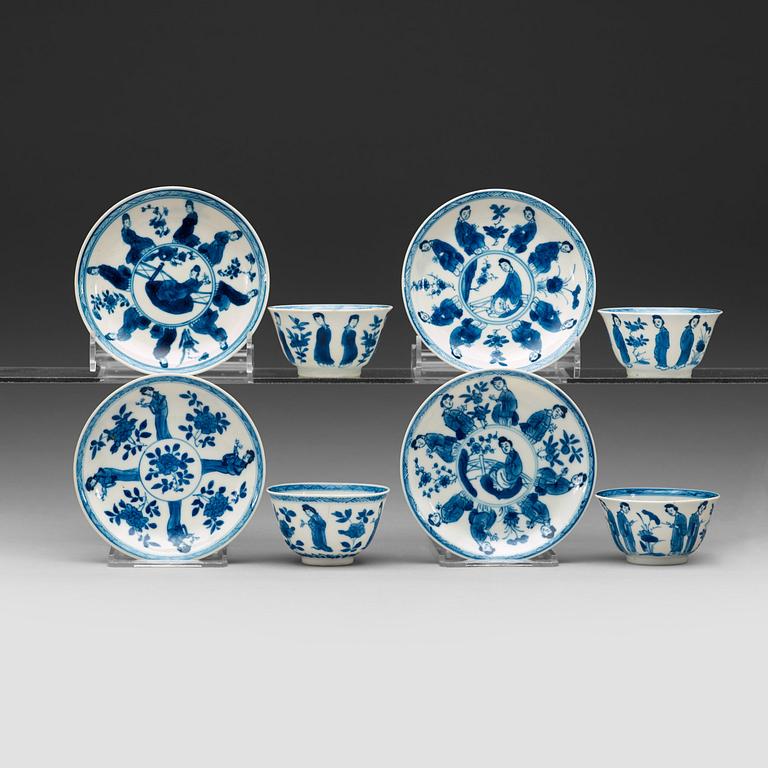 A set of four matched blue and white cups and saucers, Qing dynasty Kangxi (1662-1722).