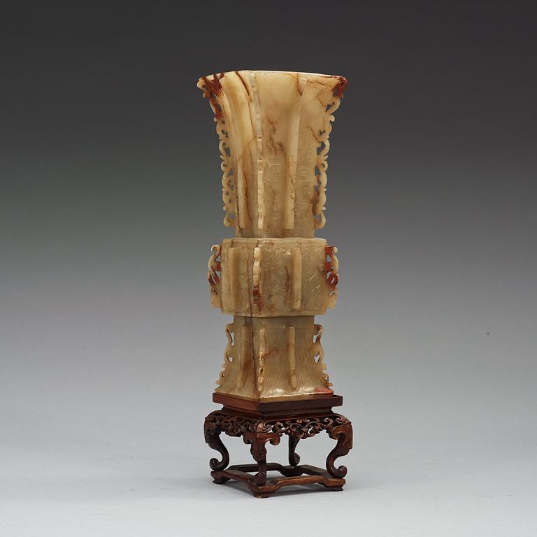 A Chinese archaistic nephrite beaker vase (Gu).