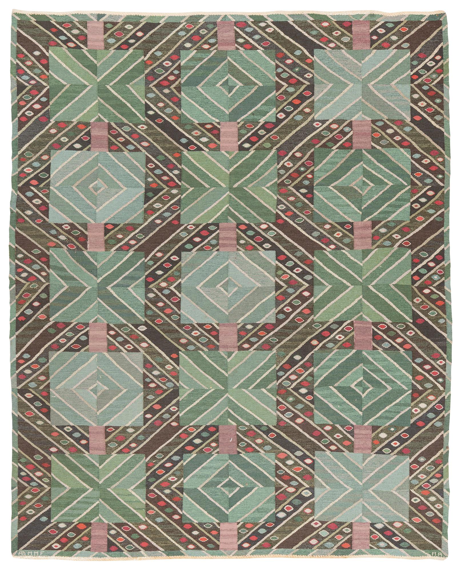 Marianne Richter, matta "Strålar, grön", gobelängteknik, 332 x 269 cm, signerad AB MMF MR.