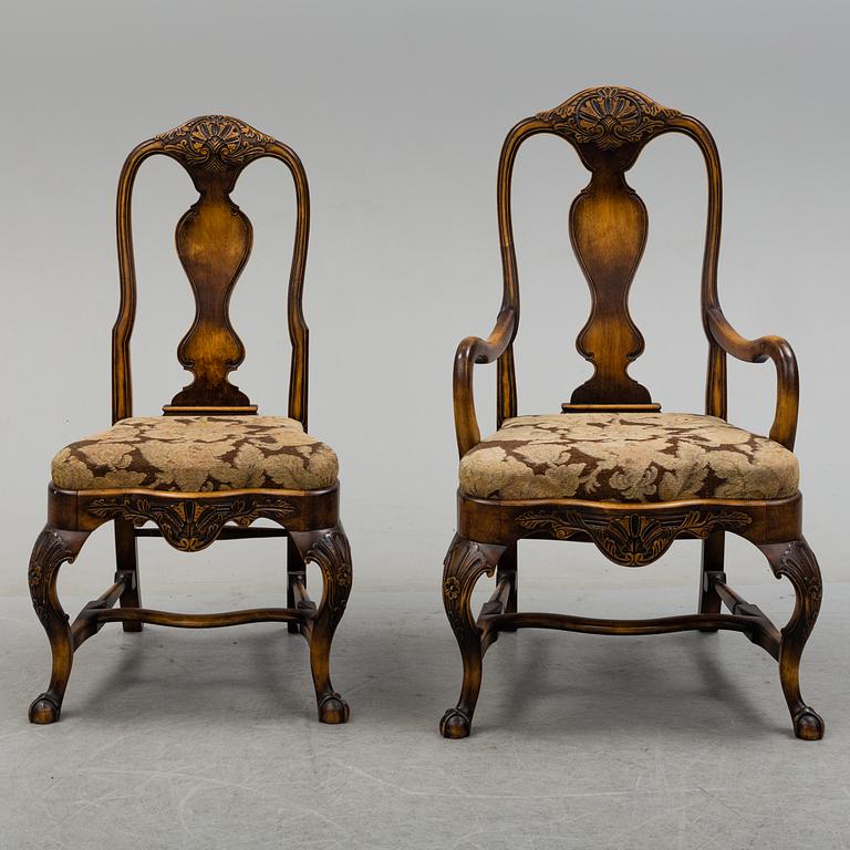 A set of six late Baroque style chairs and a pair of armchairs, first half of the 20th century.